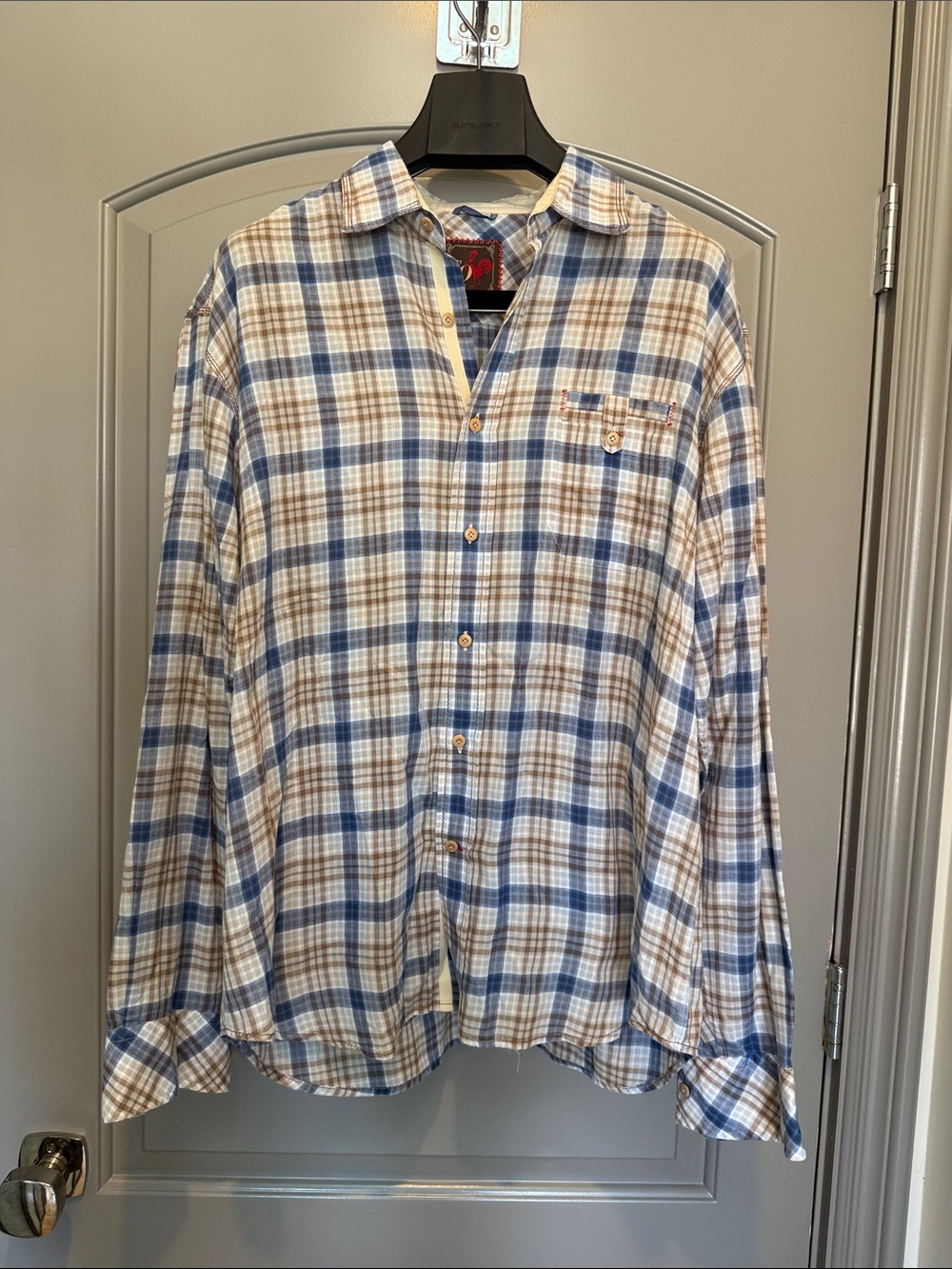 NWOT EQ by Equilibrio Men's Casual Plaid Button-Down Shirt in Blue and Brown